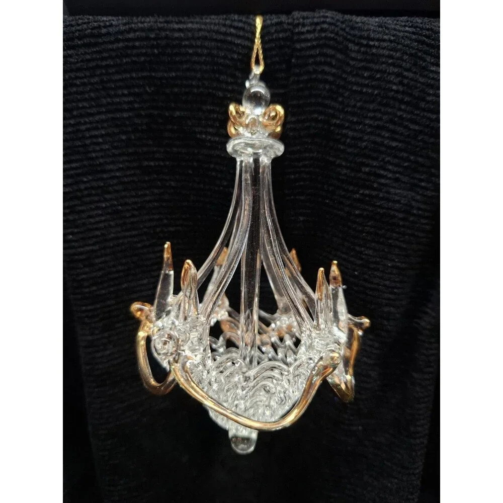 Vintage Spun Glass Chandelier Ornament Clear Gold Hanging Christmas 5